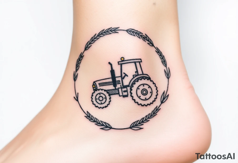 A tractor framed by a circular wreath of wheat and corn stalks, representing abundance and harvest. tattoo idea