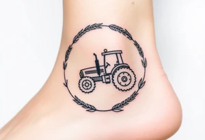 A tractor framed by a circular wreath of wheat and corn stalks, representing abundance and harvest. tattoo idea