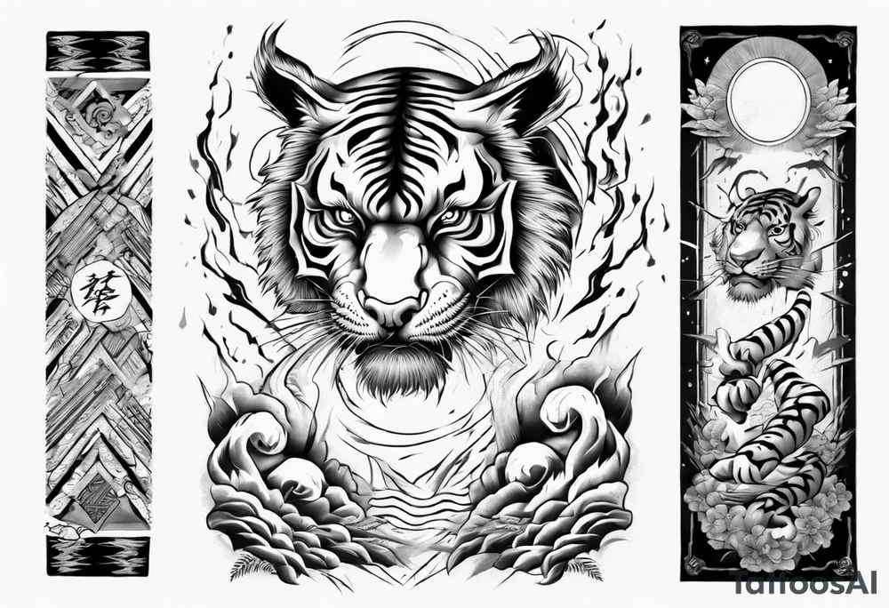 Ancient tiger with lightning and a sun for a forearm sleeve. With patterns surrounding it tattoo idea