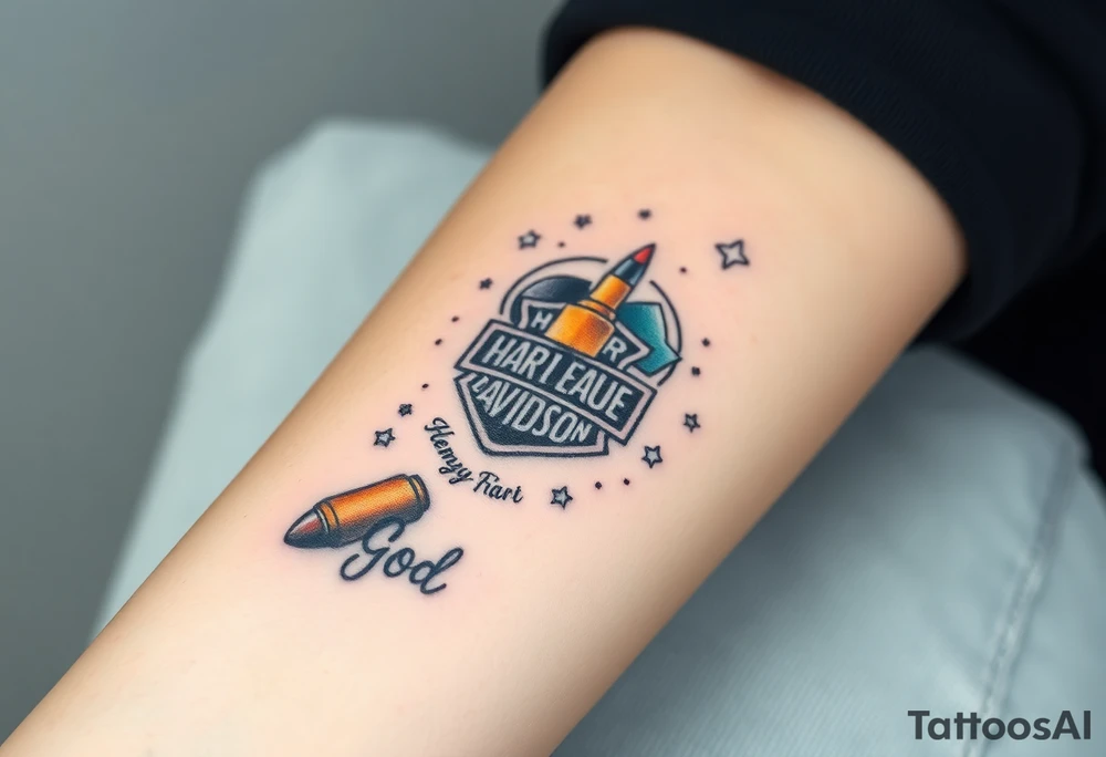 colorful futuristic memory tattoo for passed boyfriend;, star wars, space, Harley Davidson, skateboarding, puzzle pieces, video games, heaven, god, outdoors, 9mm bullet, words MEMENTO MORI & DARTH CARTER 12/29/88-01/06/2025 tattoo idea