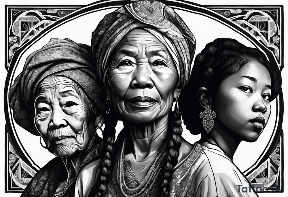 three  people side by side. a really really young black Daughter on the left, a wight mother in the middle, really really old asian grandmother on the right. greater age difference, in an artfully decorated frame tattoo idea