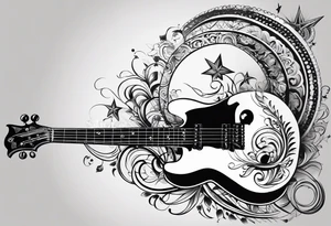 A well balanced tattoo full left arm with the following images:
2 stars, 
1 quarter moon, 
a bass guitar, 
a caduceus symbol and 
a mickey mouse shadow tattoo idea
