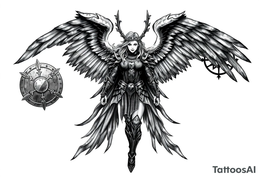 A fierce looking Valkyrie with very big dark wings. The whole body with legs should be visible.
She has armor.

In the background there is a viking shield on the left side and a vegvisir symbol on the right tattoo idea