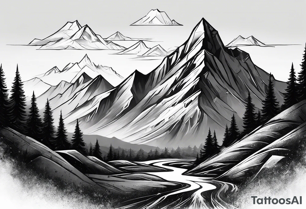 A detailed mountain range with hidden elements like a tiny Triforce subtly placed within the landscape, perhaps in the shadows or as part of the mountain texture. tattoo idea