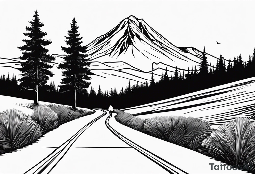 A man with a backpack walking down a road lined with trees, holding a bicycle towards a mountain. I want the design to be portrait and sort of a vanishing road towards the mountain. The mountain is Black Tusk in British Colombia tattoo idea