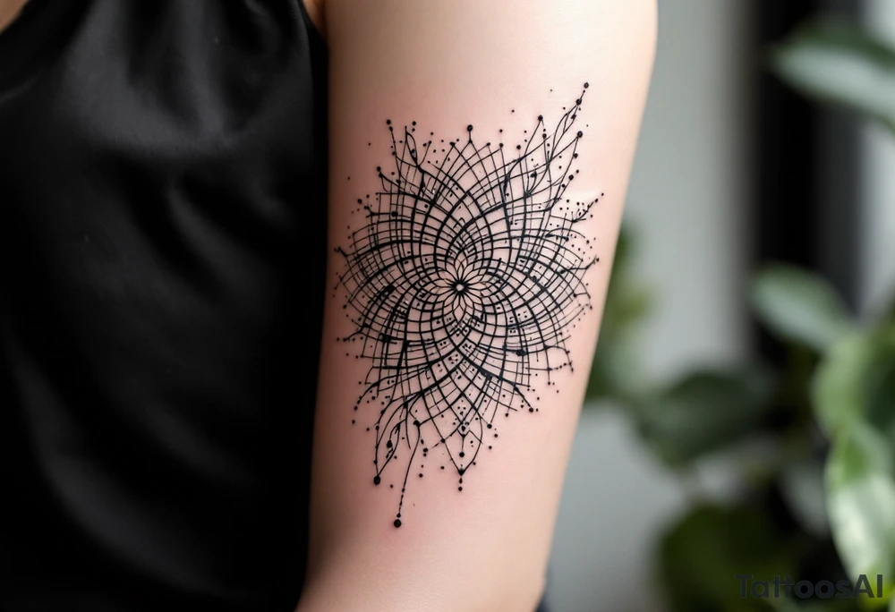 fine-line tattoo, interconnected sacred geometry, multiple mandala fusion, flowing geometric vines, intertwining dotwork patterns, morphing sacred symbols, geometric transformation, overlapping mandala layers, flowing geometric streams, sacred geometry cascade, dotwork connections, radiating interconnected patterns, geometric web, mandala constellation, flowing sacred lines, intertwining geometric forms, dotwork bridges, connected sacred patterns, geometric flow transition, mandala network, artistic geometric fusion, delicate interconnections, black grey shading, no outlines, arm wrap design, organic geometric flow, artistic sacred weaving, geometric poetry, mandala storytelling, interconnected symmetry, flowing sacred architecture tattoo idea