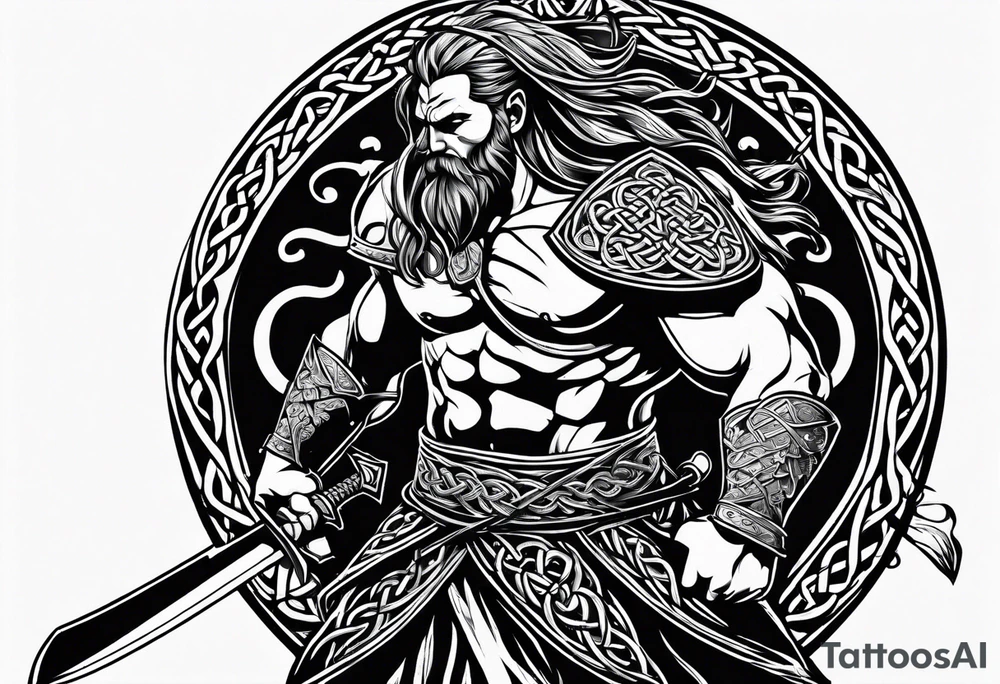 Side full body shot of Celtic warrior with sword and axe. tattoo idea