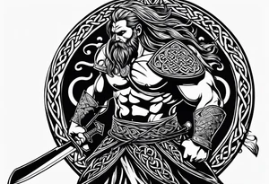 Side full body shot of Celtic warrior with sword and axe. tattoo idea