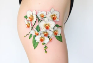 A cluster of white orchids cascading down a shoulder, surrounded by soft green leaves and golden accents. tattoo idea