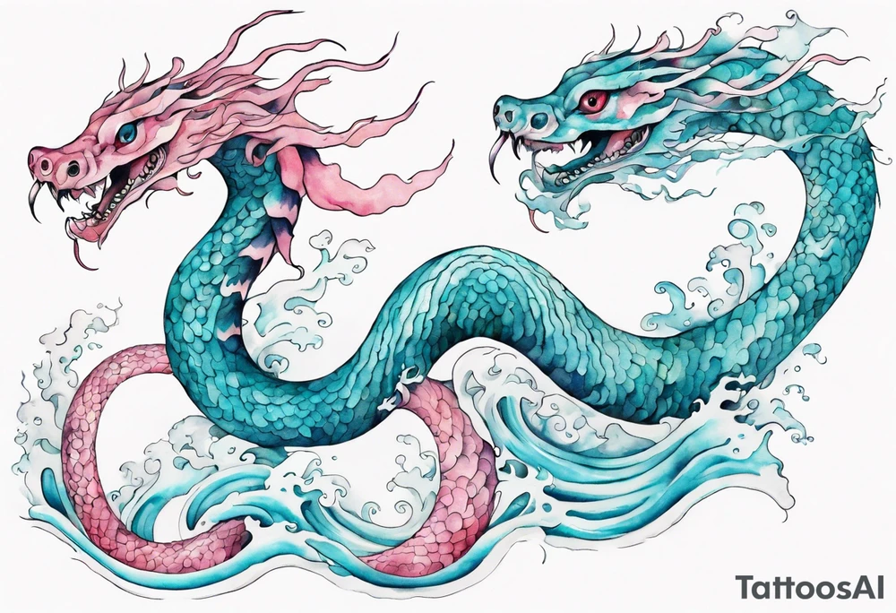 a turquoise and white and pink sea serpent with beautiful eyes emerging from the blue waves of the ocean tattoo idea