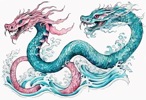 a turquoise and white and pink sea serpent with beautiful eyes emerging from the blue waves of the ocean tattoo idea