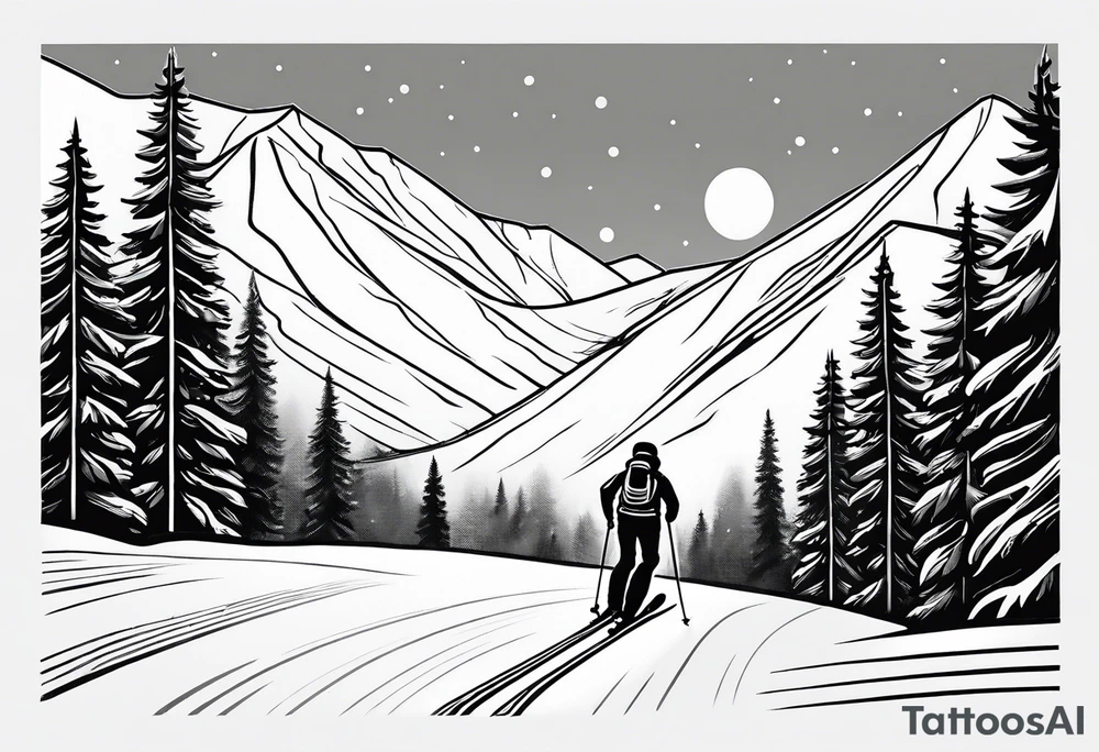 minimalist tattoo of a snow skier sking through trees showing ski trail tattoo idea