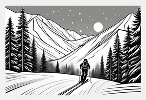 minimalist tattoo of a snow skier sking through trees showing ski trail tattoo idea