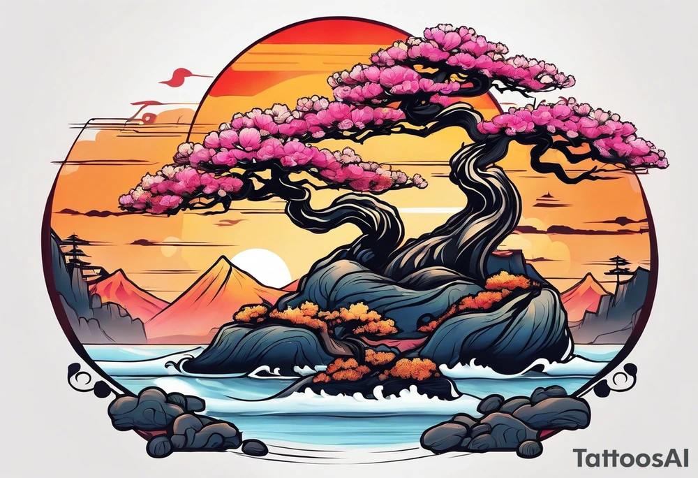 Sunset and little down bonsai trees tattoo idea