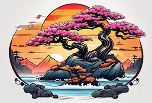 Sunset and little down bonsai trees tattoo idea