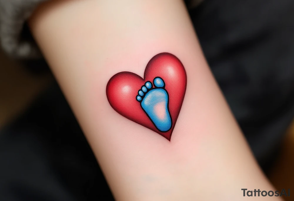 A red heart cradling a tiny blue baby footprint symbolizes eternal maternal love and protection. tattoo idea