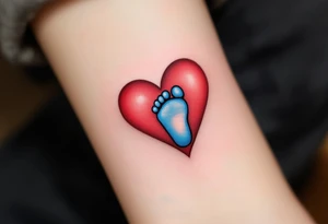 A red heart cradling a tiny blue baby footprint symbolizes eternal maternal love and protection. tattoo idea