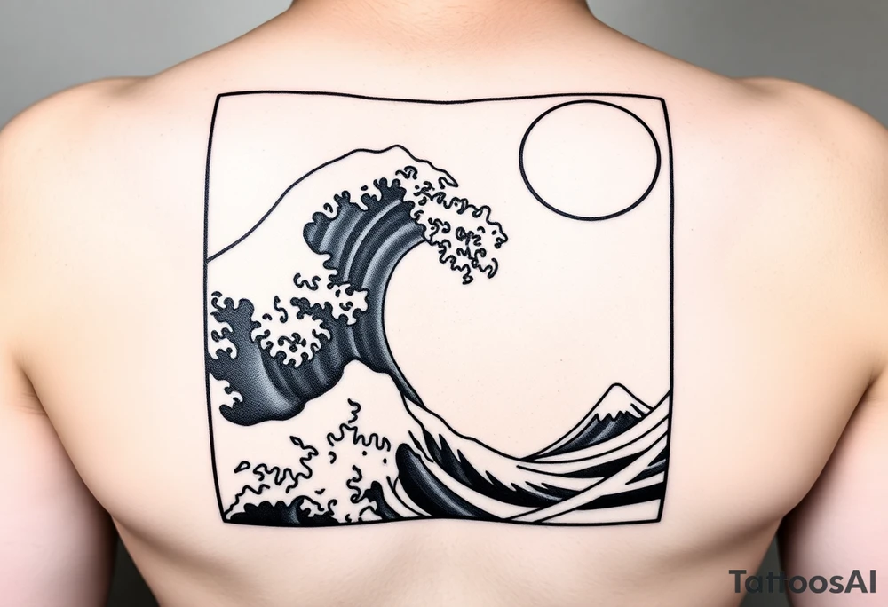 Black and white design in a vertical rectangular border, sized to fit the upper arm. Inside the border, a powerful Hokusai-style wave dominates the scene—dynamic, dramatic, and detailed with traditional Japanese woodblock linework. In the top right or left corner, include a solid black or partially shaded sun, contrasting against the wave. The entire composition should feel bold yet balanced, with the wave filling most of the space while keeping a clean, framed appearance. The style should stay true to traditional Japanese art but adapted for a modern tattoo aesthetic. tattoo idea