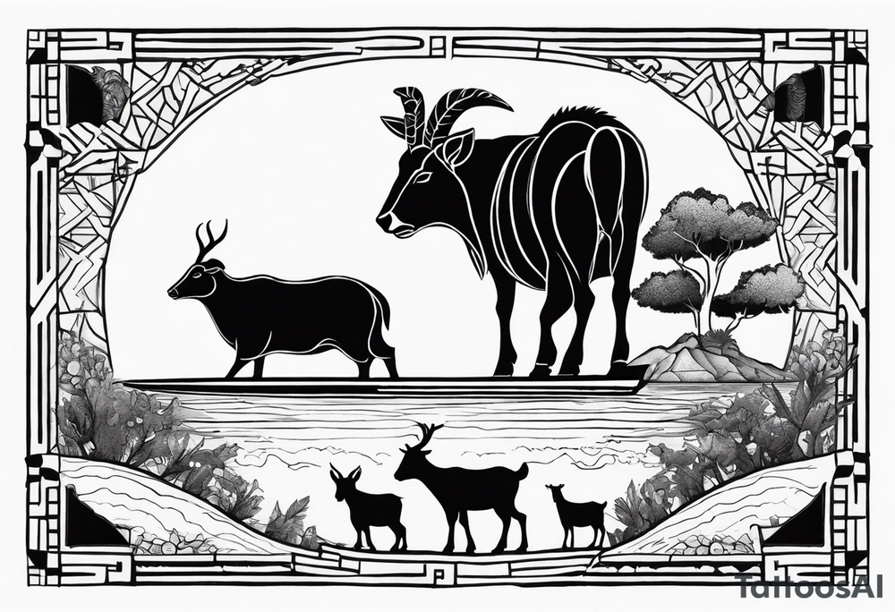 A badger, a goat and a reindeer on an ark inside the outlines of Map of Mallorca tattoo idea