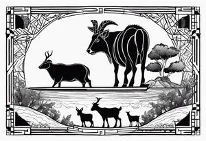 A badger, a goat and a reindeer on an ark inside the outlines of Map of Mallorca tattoo idea