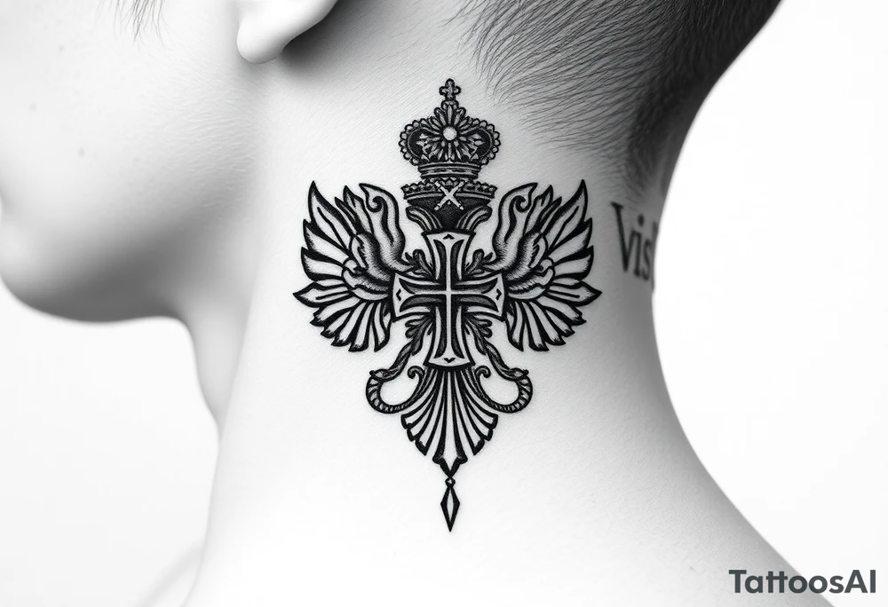 russian coat arms in a russian christian orthodox cross with the cross in the middle with a virgin mary & orthodox dome church on the side of the neck tattoo idea