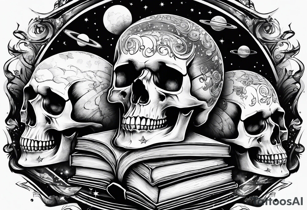 book stacks with skulls and outer space tattoo idea