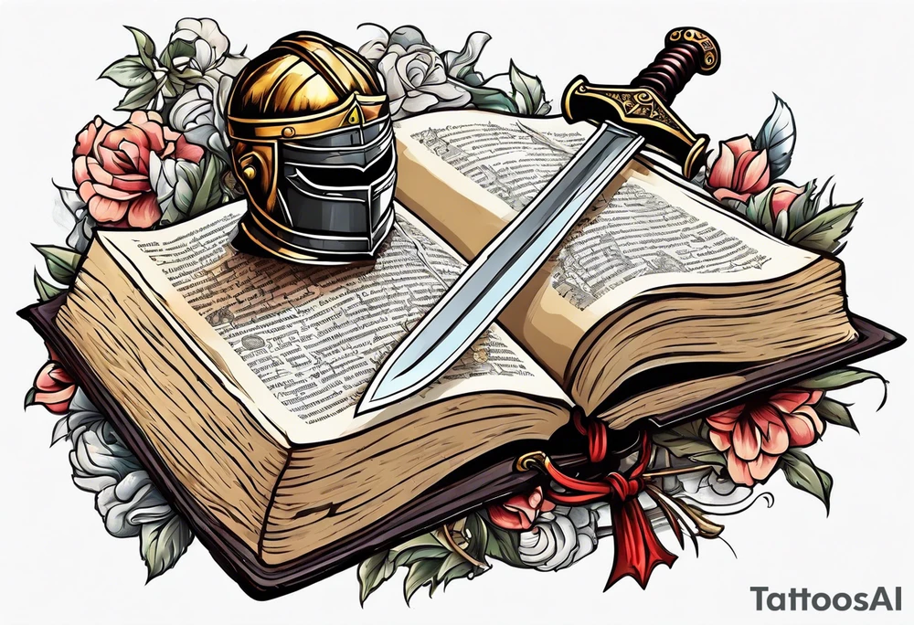 a knight pulling a sword out of an open bible tattoo idea