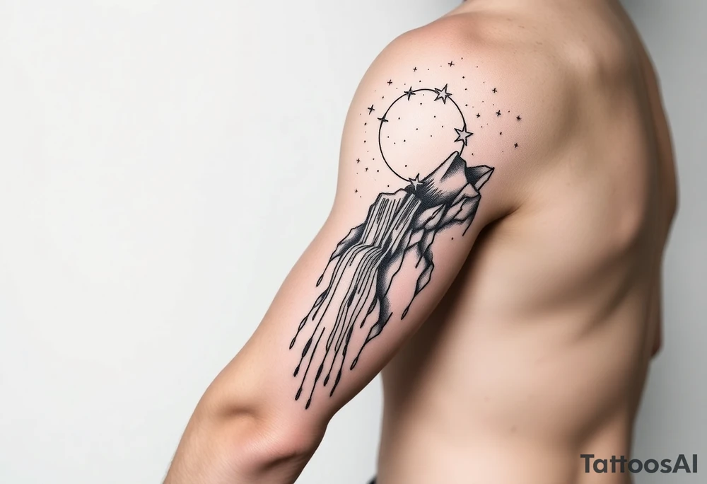 A solar system of stars that turn into a waterfall and rain tattoo idea