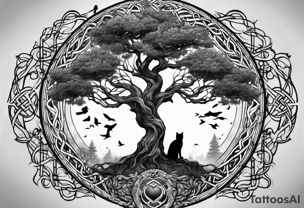 world tree with a cat and a raven and knotwork upper arm tattoo tattoo idea