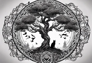 world tree with a cat and a raven and knotwork upper arm tattoo tattoo idea