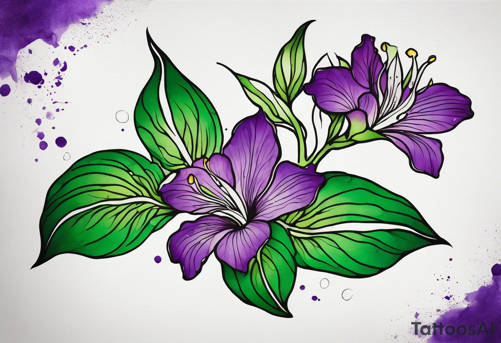 A mystical outline of a rio dipladenia flower with green/purple pedals and a green/purple watercolor splash in the background tattoo idea