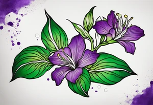 A mystical outline of a rio dipladenia flower with green/purple pedals and a green/purple watercolor splash in the background tattoo idea