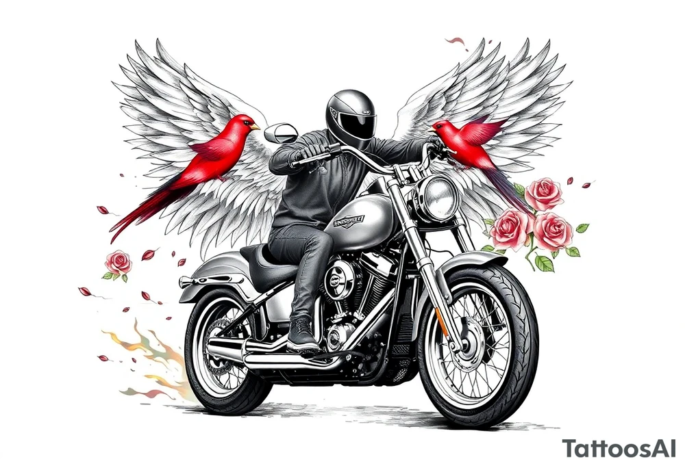 Harley grey motorcycle driving away, two red birds flying, roses, flames, angel wings tattoo idea