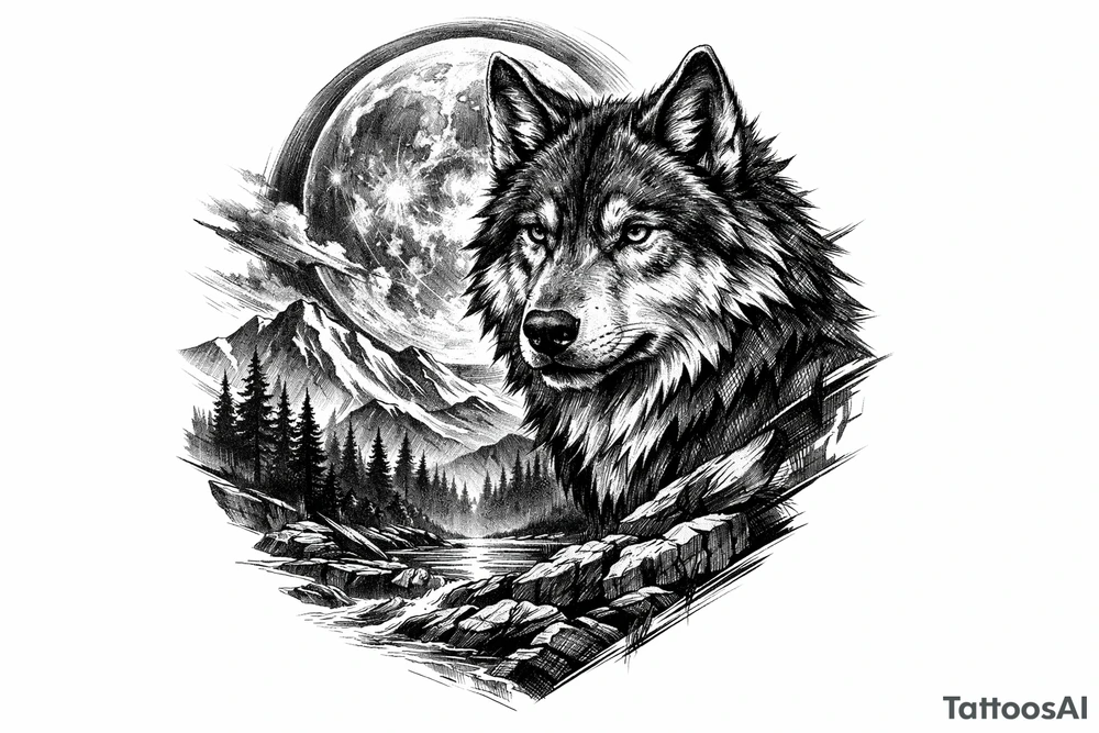 a wolf, landscape,full moon. tattoo idea