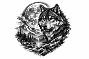 a wolf, landscape,full moon. tattoo idea