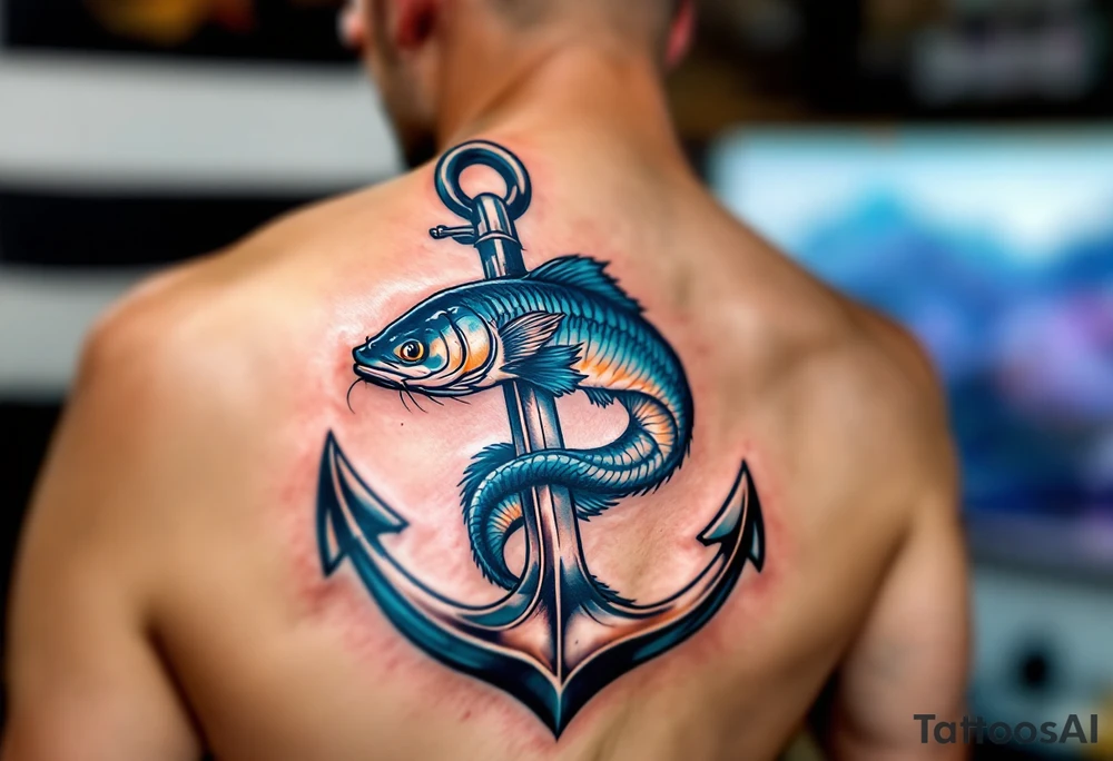 Catfish Wrapped Around Anchor – A dark blue-gray catfish coiled protectively around a weathered iron anchor, symbolizing strength, grounding, and loyalty. tattoo idea