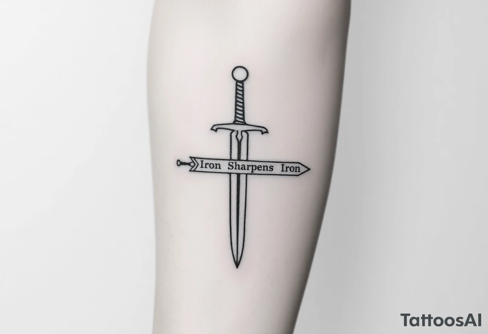Black and white tattoo sketch of a medieval sword with the words “Iron Sharpens Iron” etched into the blade. Minimalist line art, no shading. tattoo idea