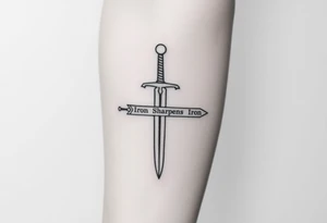 Black and white tattoo sketch of a medieval sword with the words “Iron Sharpens Iron” etched into the blade. Minimalist line art, no shading. tattoo idea