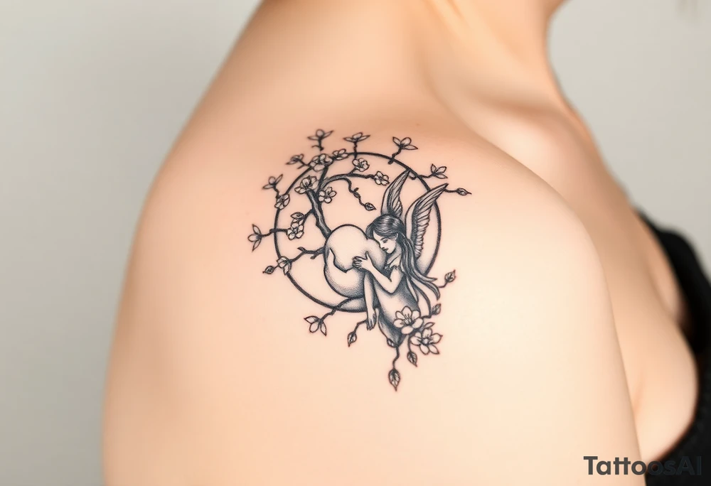 the sun or the moon being wrapped w cherry blossom tree with an angel laying on the moon or lookin at the sun holding its hand out tattoo idea