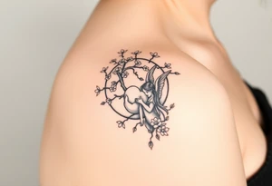 the sun or the moon being wrapped w cherry blossom tree with an angel laying on the moon or lookin at the sun holding its hand out tattoo idea
