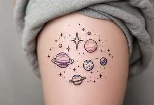 A dreamy cosmic scene on the thigh with Sagittarius stars surrounded by planets in soft pastel purples and pinks. tattoo idea