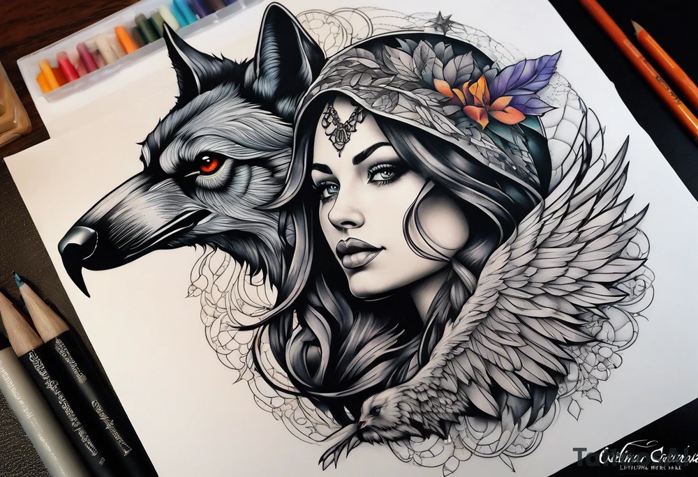 A fairy/witch with a Lot of collors (use fullcolor tattoo style)
Below the fairy a Black and white raven (use blackwork tattoo style)
Below the raven a realistic Wolf. tattoo idea