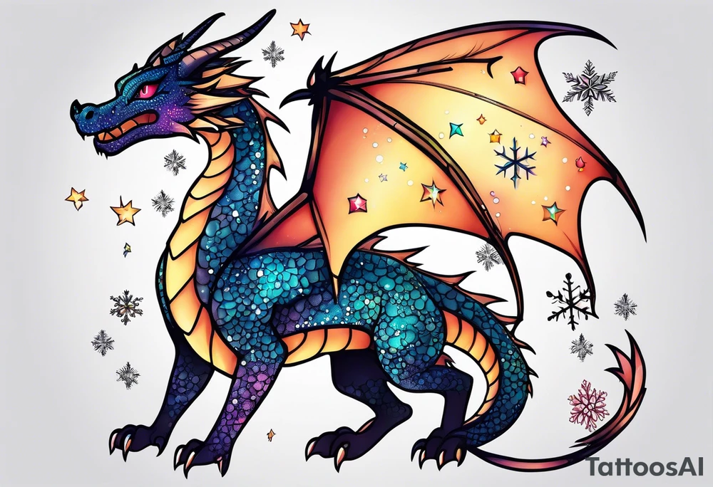 Constellation, kawaii dragon, snowflake tattoo idea