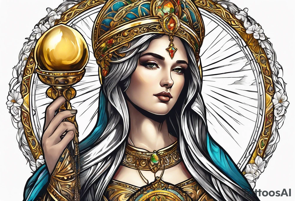 holy saint woman with golden halo holding a chalice tattoo idea