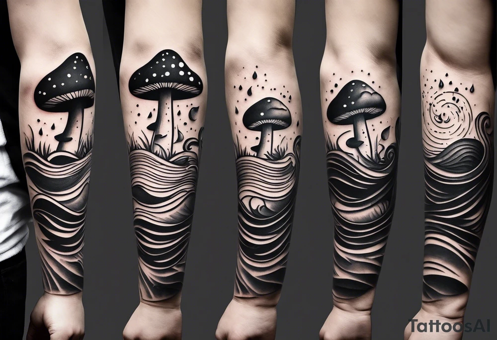 a simple line of icons down the back of the arm. there are four icons in this order:

1. a music note on a staff
2. a wave of water
3. a pocket
4. mushroom tattoo idea