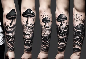 a simple line of icons down the back of the arm. there are four icons in this order:

1. a music note on a staff
2. a wave of water
3. a pocket
4. mushroom tattoo idea