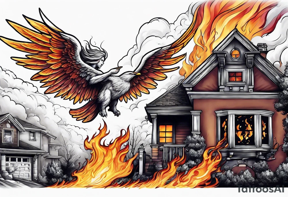 Angel flying over house fire tattoo idea