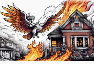 Angel flying over house fire tattoo idea