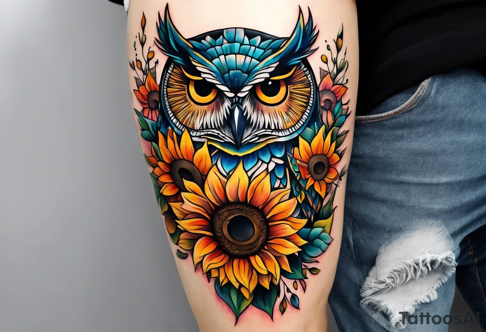 Leg sleeve with colorful sunflowers and an owl tattoo idea