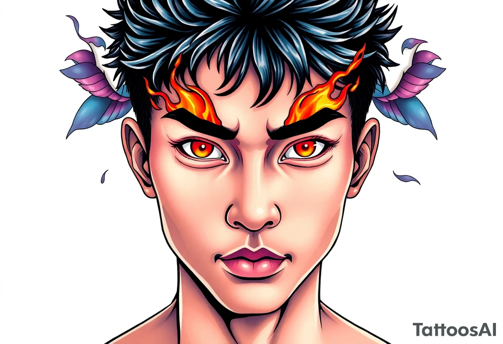 Handsome Asian young guy with burning eyes tattoo idea